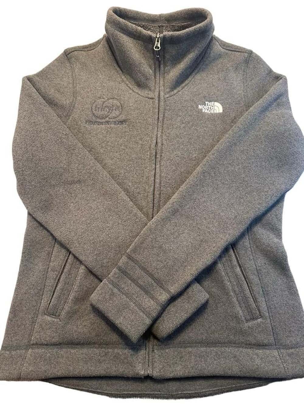 The North Face Womens L Full Zip Fleece Jacket Gray Logo Hiking Climbing Outdoor